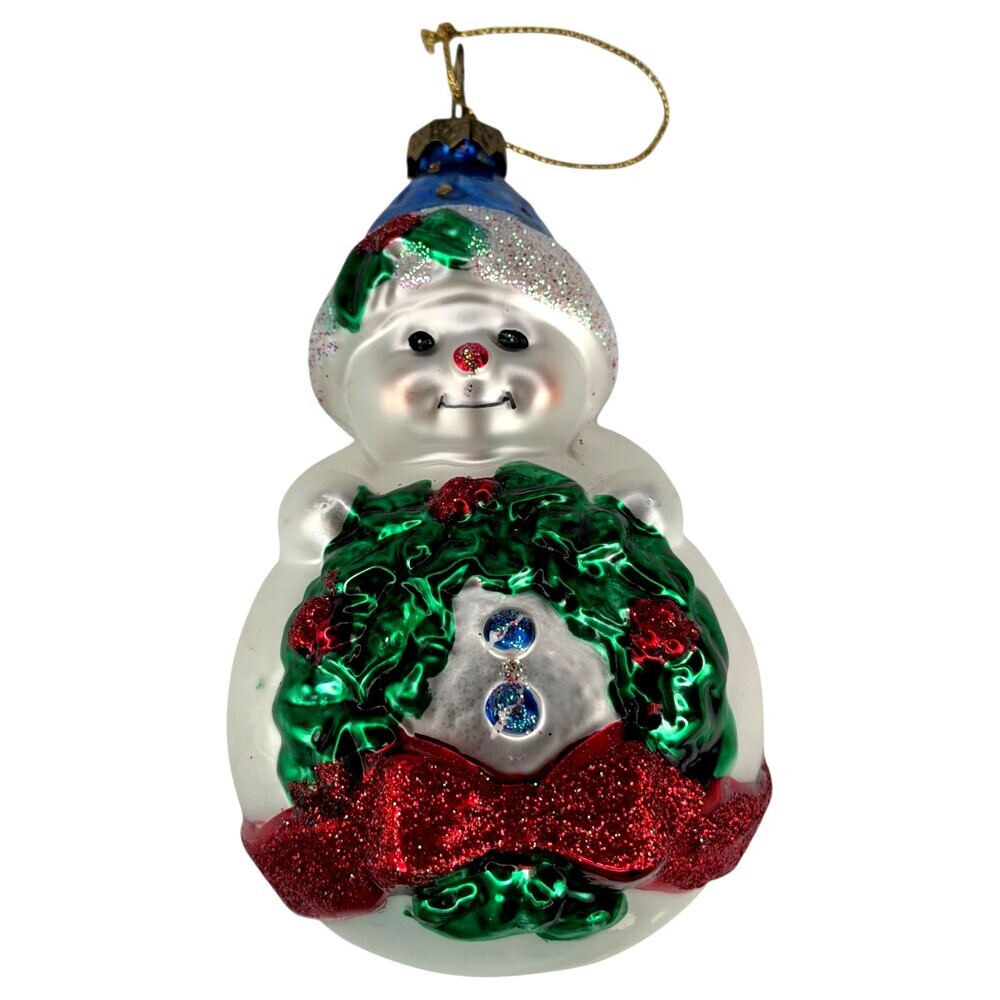 5" Snowman Wreath Christmas Ornament Blown Glass Tree Hand Painted VTG